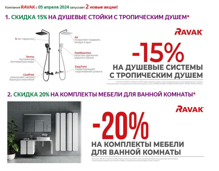 Компания RAVAK с 05 апреля 2024 запускает 2 новые акции!