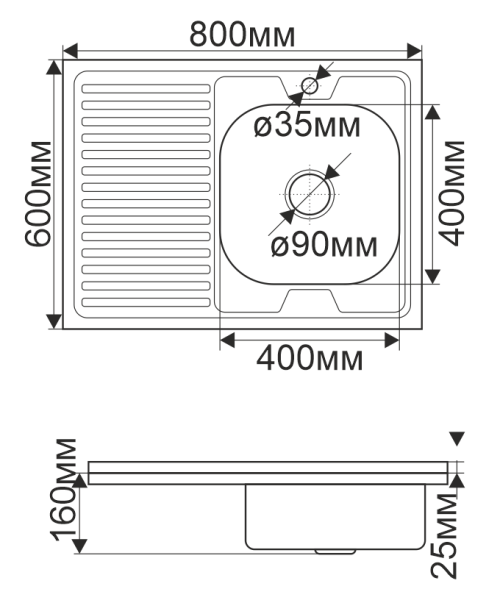 Мойка 8060 R Melana 0,8/180 левая хром с сифоном (096Dt R *10)