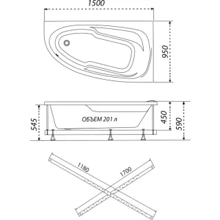Акриловая ванна 1ACReal Мадрид Щ0000045643 левая обрезанная 150x95 см белый