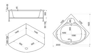 Акриловая ванна Bas Хатива 143x143 см (ванна,каркас,слив-перелив, панель, Г/м форсунки Flat)