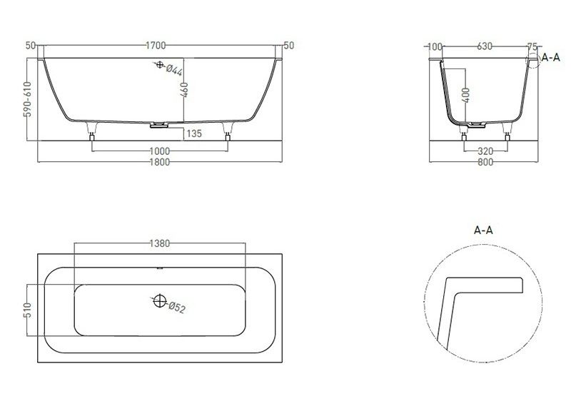 Ванна из искусственного камня Salini Orlanda Axis Kit S-Stone 103322M 180x80см белый матовый