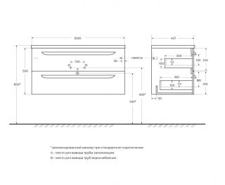 База под раковину Cezares подвесная с двумя выкатными ящиками, левосторонняя, Bianco Lucido, 1000x457x500, ECO-CER-N-1000-2C-SO-BL-L