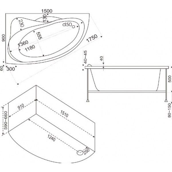 Акриловая ванна Bas Вектра 150x90 см левая без гидромассажа