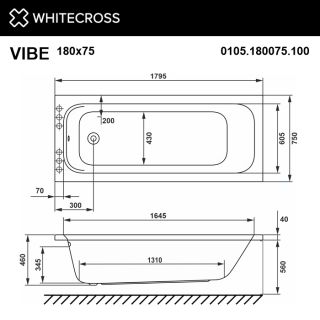 Гидромассажная ванна WHITECROSS Vibe 0105.180075.100.LINENANO.GL 180x75 см Line Nano золото
