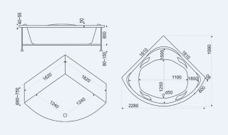 Акриловая ванна Bas Ривьера 161 см с каркасом, пристенная, четверть круга