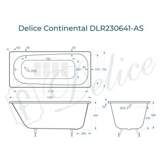 Ванна чугунная Delice Continental DLR230641-AS 130х70 с антискользящим покрытием
