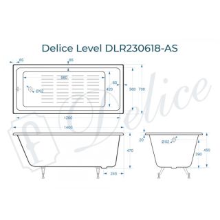 Ванна чугунная Delice Level  DLR230618-AS 140х70 с антискользящим покрытием
