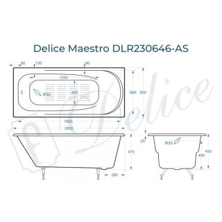 Ванна чугунная Delice Maestro  DLR230646-AS 200х85 с антискользящим покрытием
