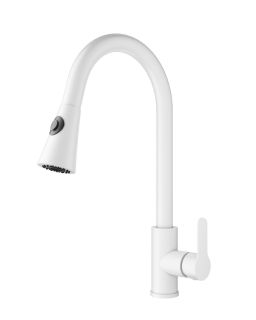 Смеситель для кухни Wonzon & Woghand WW-121E201L-MW с выдвижным изливом белый матовый